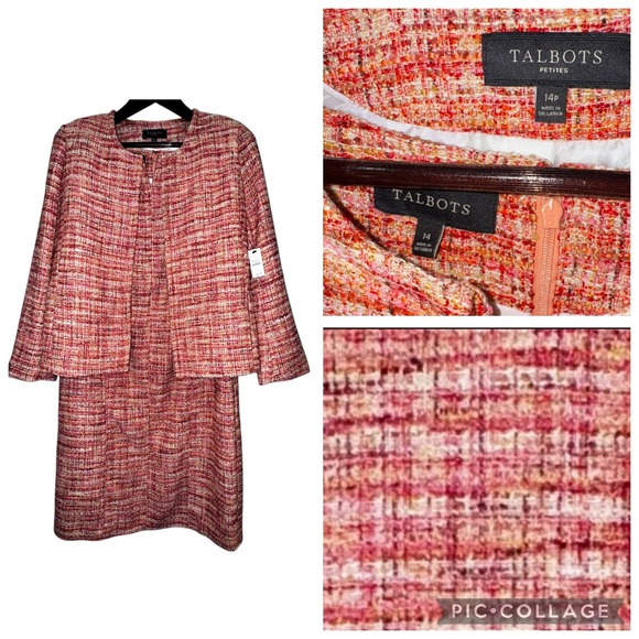 NWT Talbots Petites Women's Dress Suit Set Tweed Career 14P/14 $258 Pink Orange‎